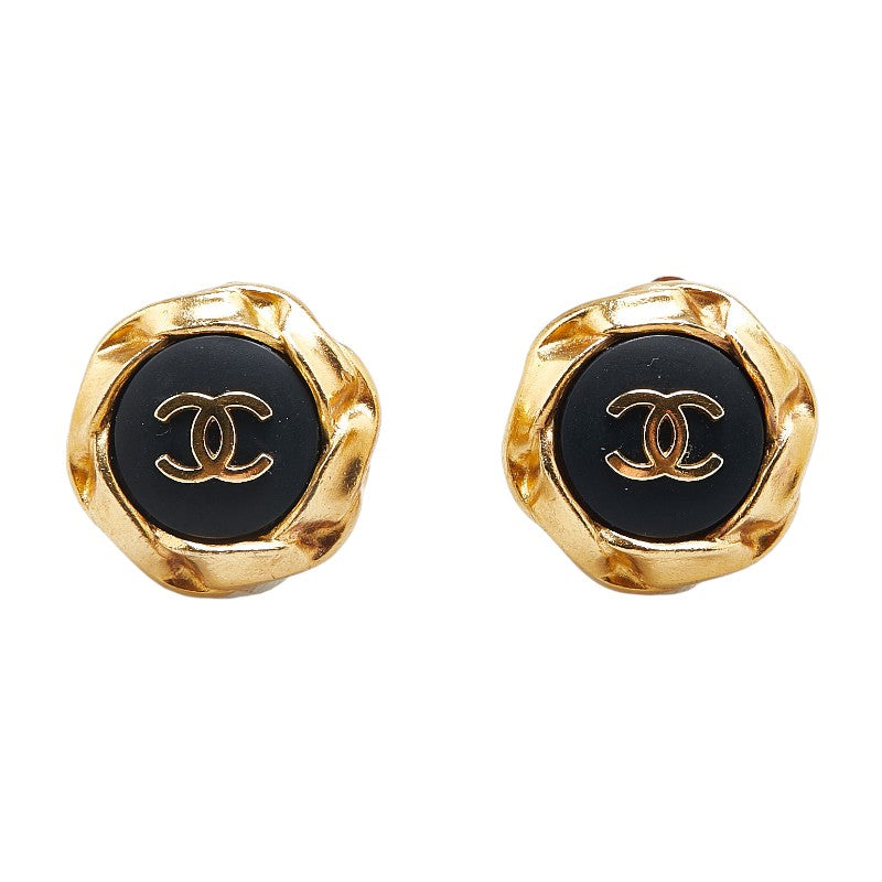 Chanel Coco Mark Octagon Earrings Gold Black