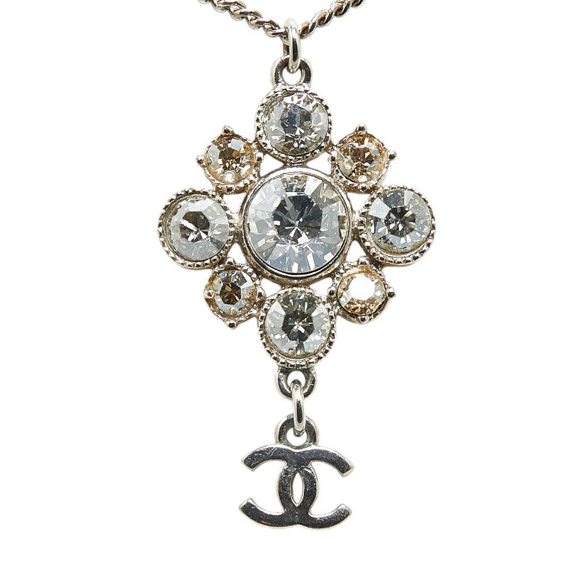 Chanel Flower Rhinestone Necklace Silver Metal