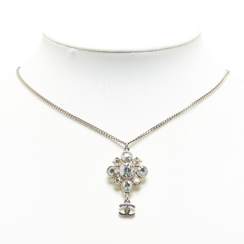 Chanel Flower Rhinestone Necklace Silver Metal