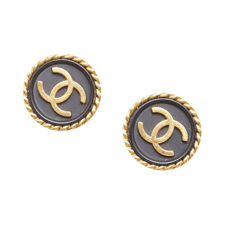 Chanel Vintage Coco Mark Round Earrings Gold Black