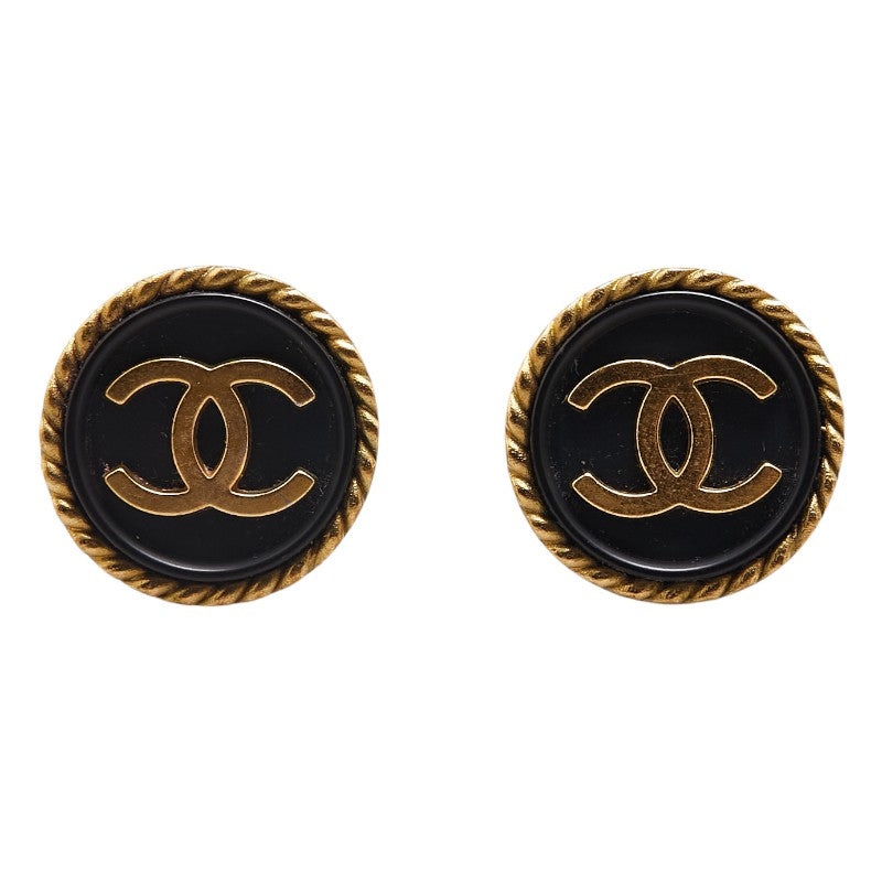 Chanel Vintage Coco Mark Round Earrings Gold Black