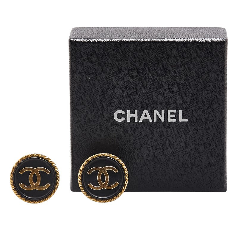 Chanel Vintage Coco Mark Round Earrings Gold Black