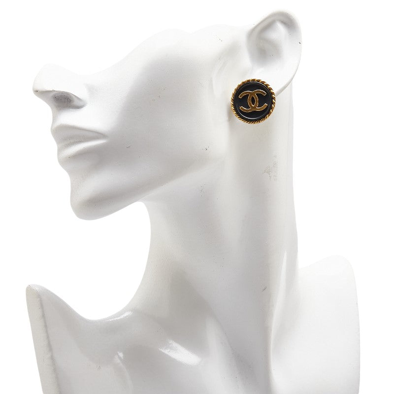 Chanel Vintage Coco Mark Round Earrings Gold Black