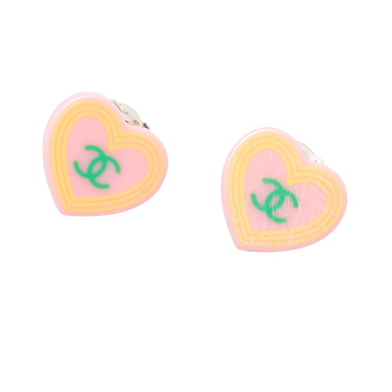 Chanel Heart Earrings Pink Multicolor Plastic