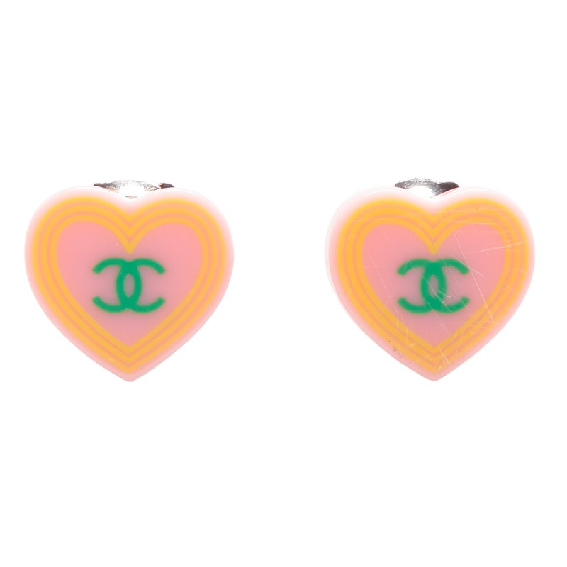 Chanel Heart Earrings Pink Multicolor Plastic