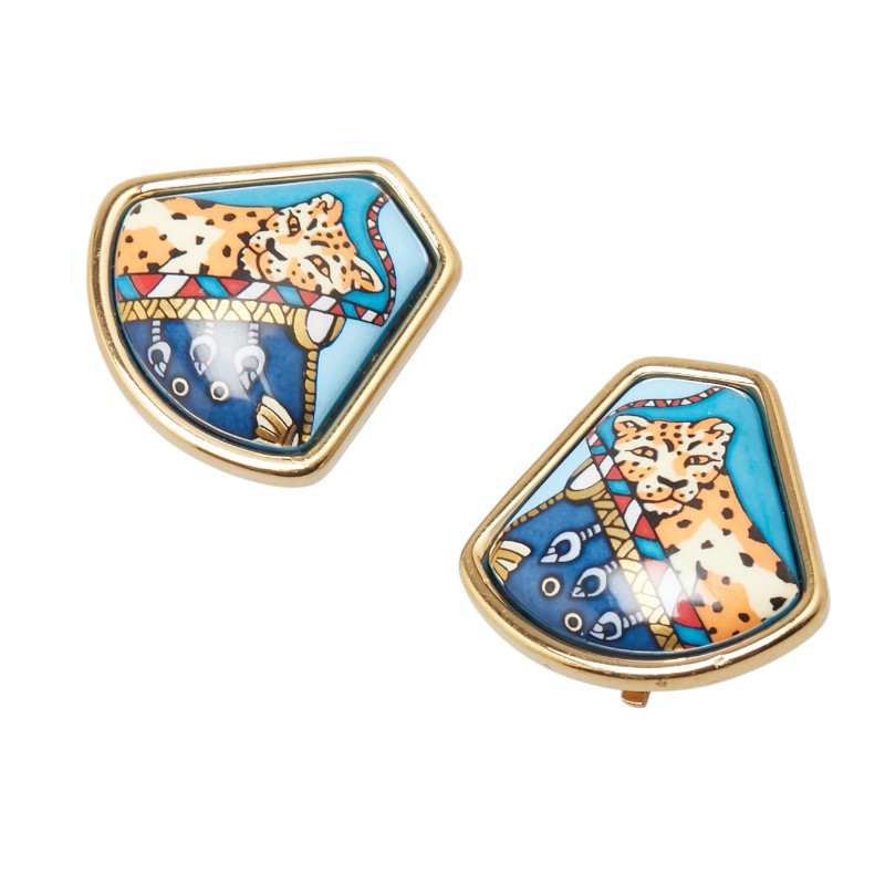 Hermes Enamel Leopard Earrings Gold Multicolor