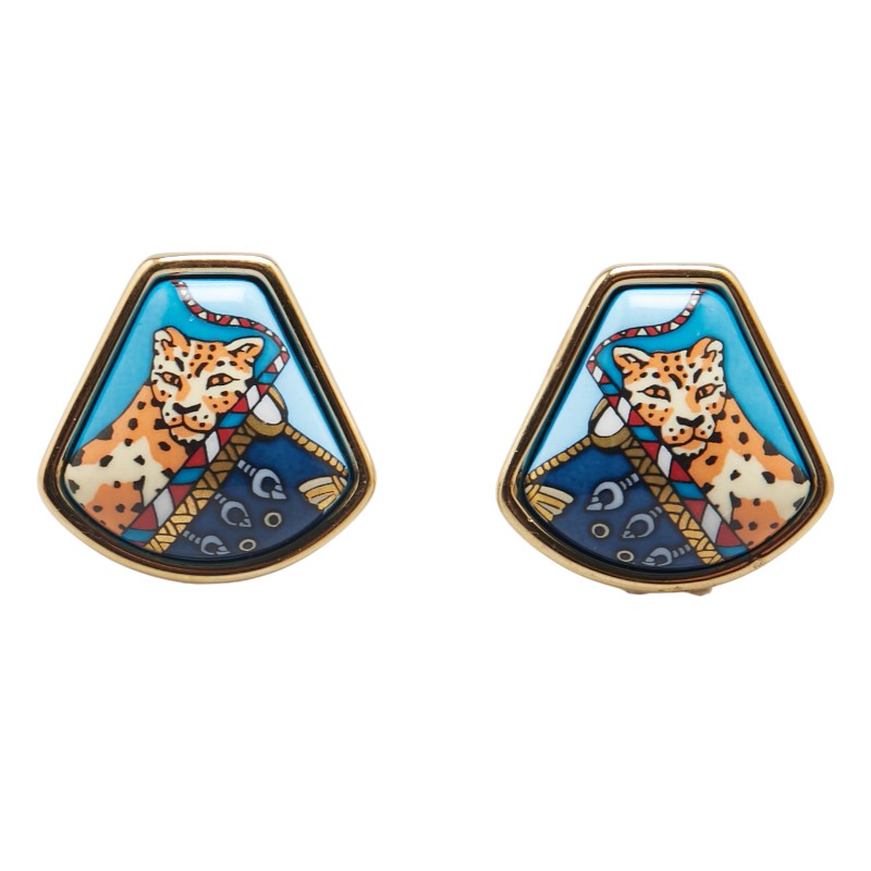 Hermes Enamel Leopard Earrings Gold Multicolor