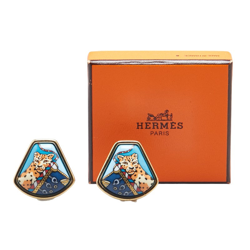 Hermes Enamel Leopard Earrings Gold Multicolor