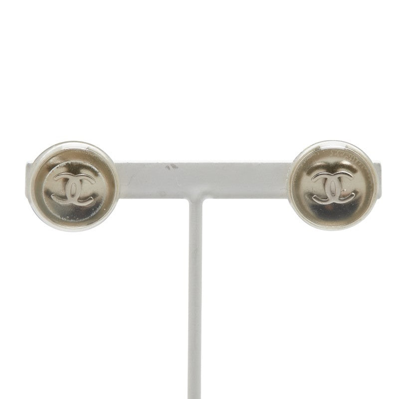 Chanel Vintage Coco Mark Earrings Silver Metal Plastic