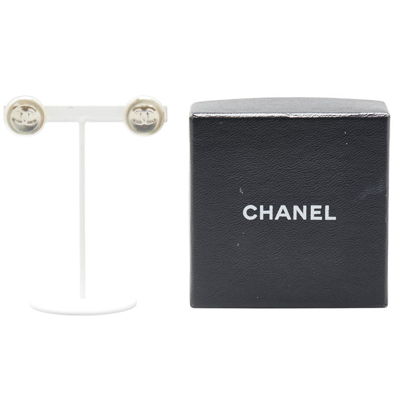 Chanel Vintage Coco Mark Earrings Silver Metal Plastic