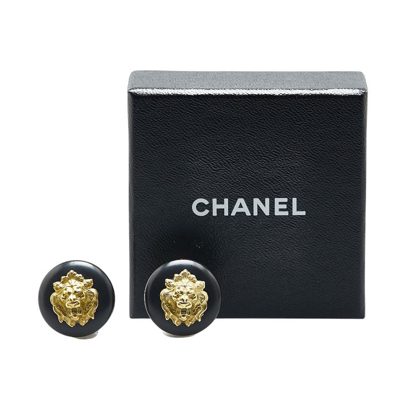 Chanel Vintage Lion Motif Earrings Gold Black