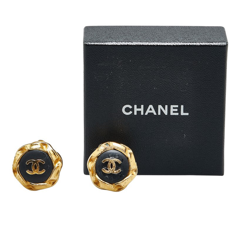 Chanel Vintage Octagon Earrings Gold Black