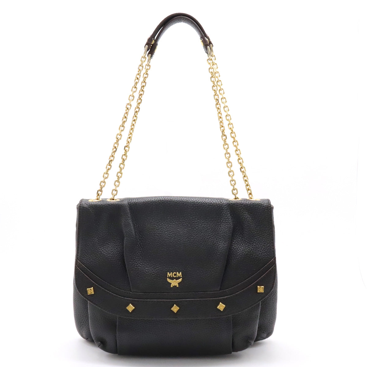 MCM Leather Chain Shoulder Bag Black Gold