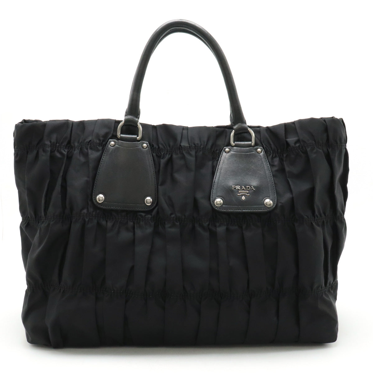 Prada Gathered Nylon Leather Tote Bag Black