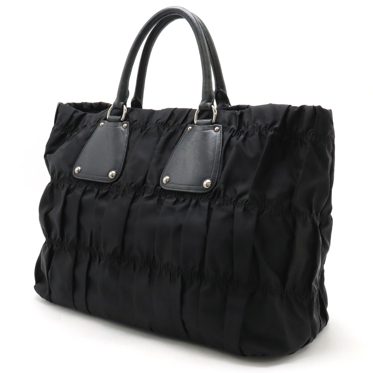 Prada Gathered Nylon Leather Tote Bag Black