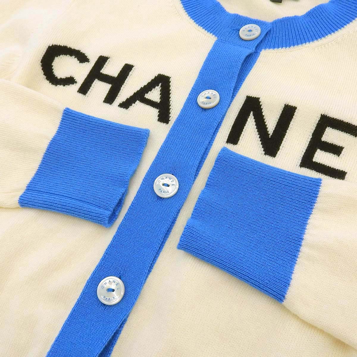 Chanel Cashmere Bicolor Cardigan Ivory Blue