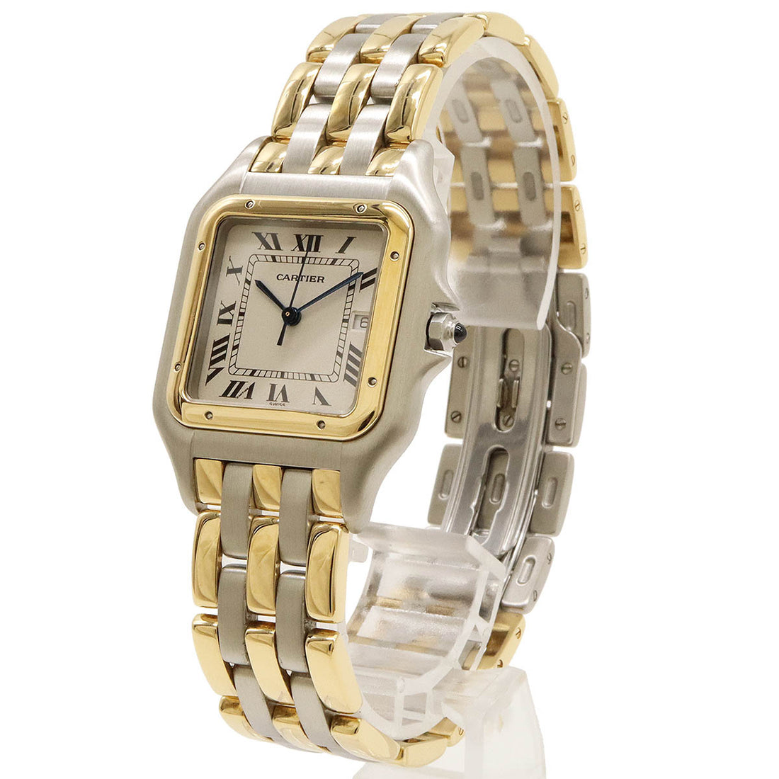 Cartier Panthere LM 3 Row SS K18YG Yellow Gold Date Ivory Dial QZ Men's Watch