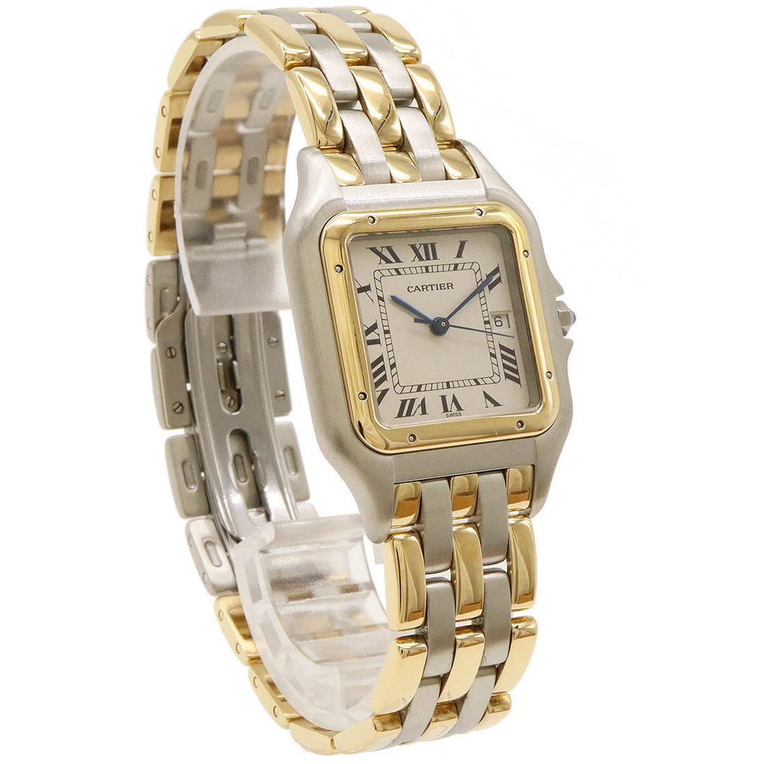 Cartier Panthere LM 3 Row SS K18YG Yellow Gold Date Ivory Dial QZ Men's Watch