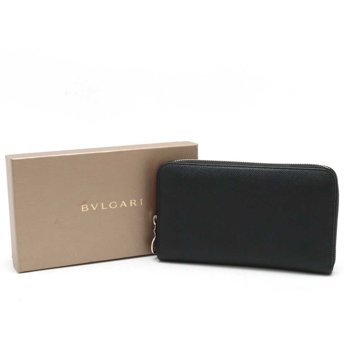 Bvlgari Grain Leather Round Zip Wallet Black