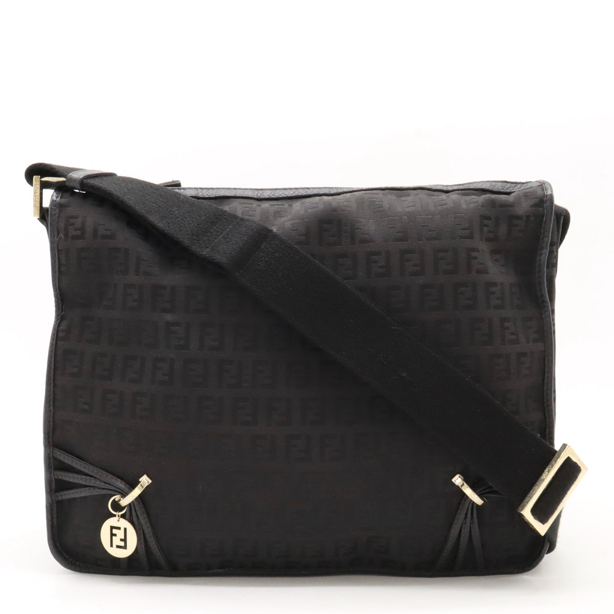 Fendi Zucchino Canvas Leather Shoulder Bag Black