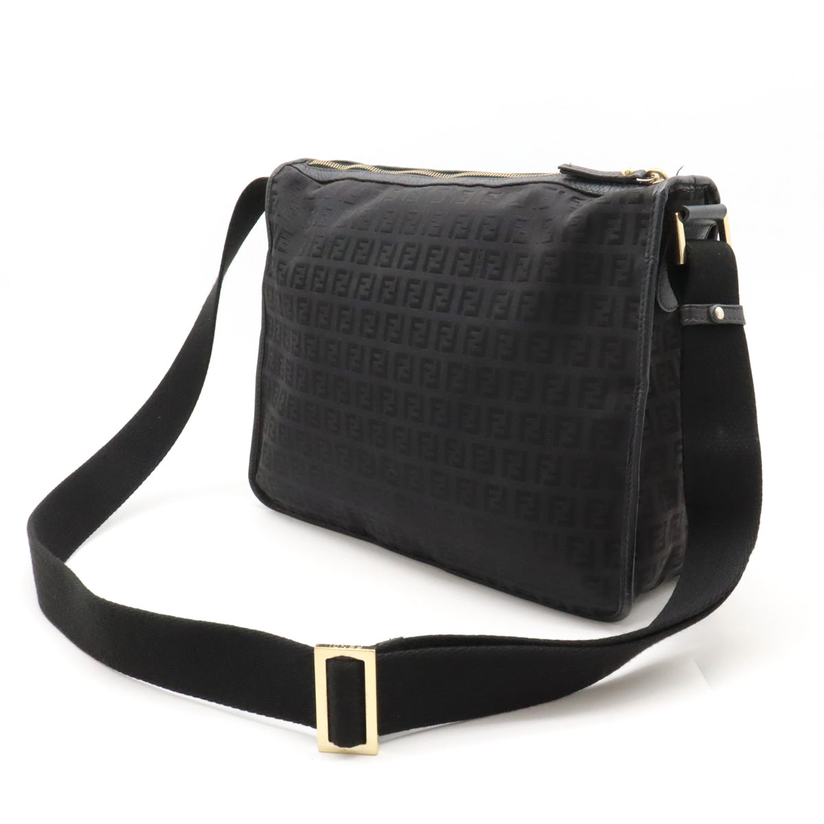 Fendi Zucchino Canvas Leather Shoulder Bag Black