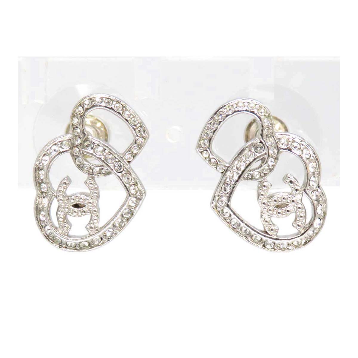 Chanel Metal Rhinestone Heart Earrings