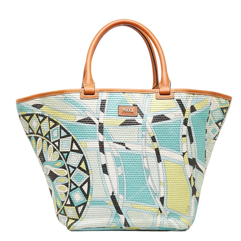 Emilio Pucci Geometric Pattern Raffia Leather Tote Handbag in Good Condition