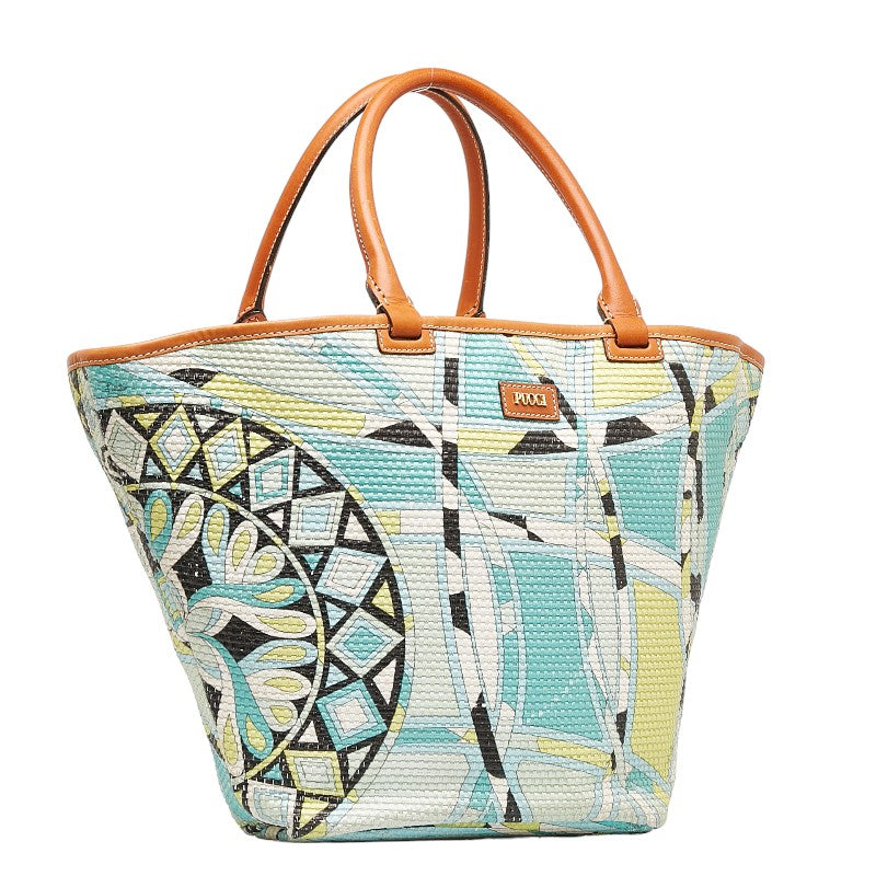 Emilio Pucci Geometric Pattern Raffia Leather Tote Handbag in Good Condition