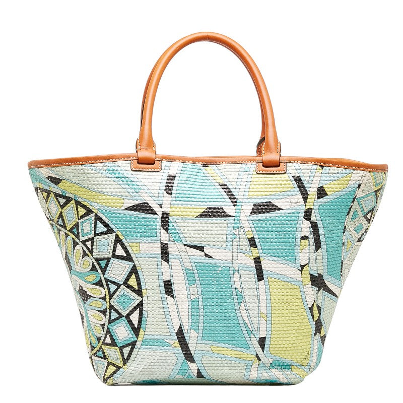 Emilio Pucci Geometric Pattern Raffia Leather Tote Handbag in Good Condition