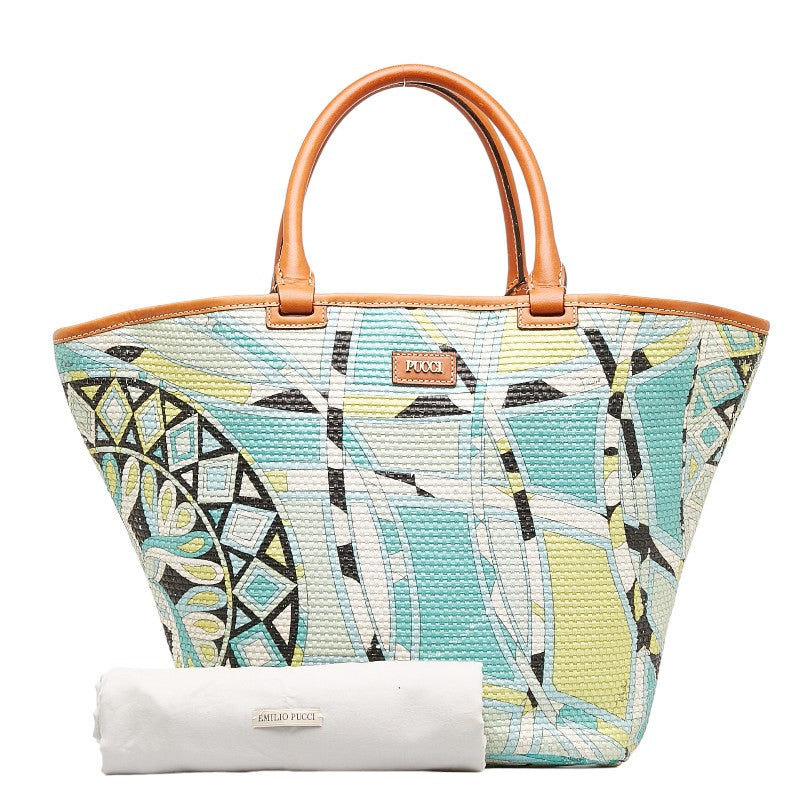 Emilio Pucci Geometric Pattern Raffia Leather Tote Handbag