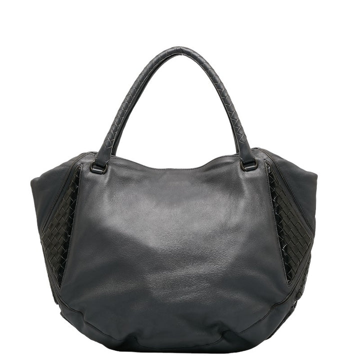 Bottega Veneta Intrecciato Leather Tote Handbag Gray Black in Very Good Condition