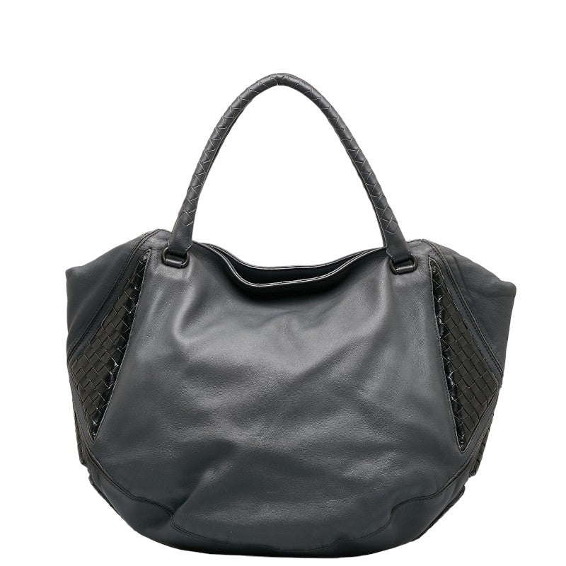 Bottega Veneta Intrecciato Leather Tote Handbag Gray Black in Very Good Condition