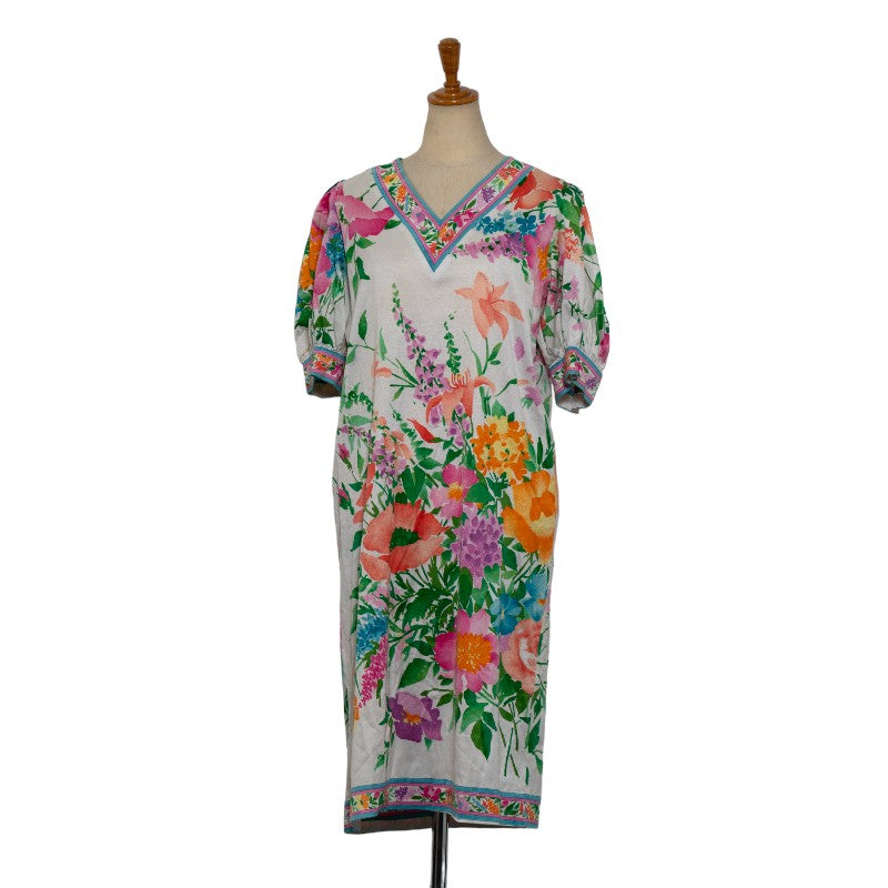 LEONARD Floral Cotton Dress S White Multicolor in Good Condition