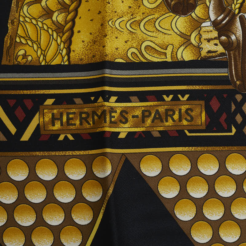 Hermes Silk Scarf LOR DES CHEFS Black Gold in Very Good Condition