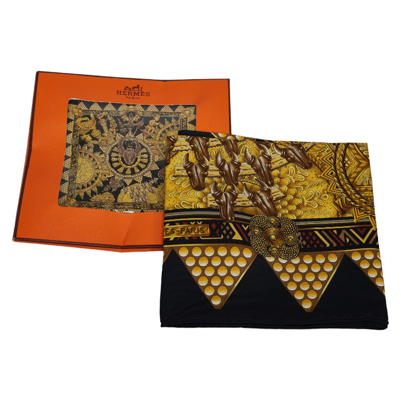 Hermes Silk Scarf LOR DES CHEFS Black Gold in Very Good Condition