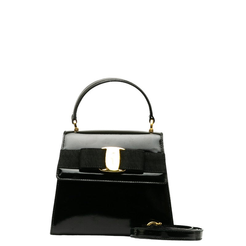 Salvatore Ferragamo Vara Ribbon Mini Handbag AT-21 5677 Black Patent Leather in Good Condition