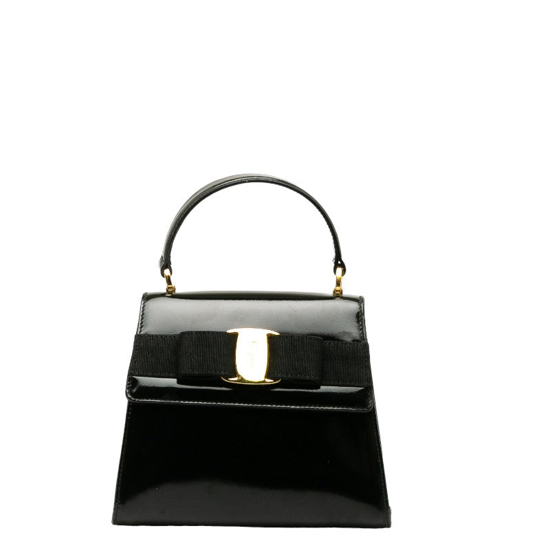 Salvatore Ferragamo Vara Ribbon Mini Handbag AT-21 5677 Black Patent Leather in Good Condition