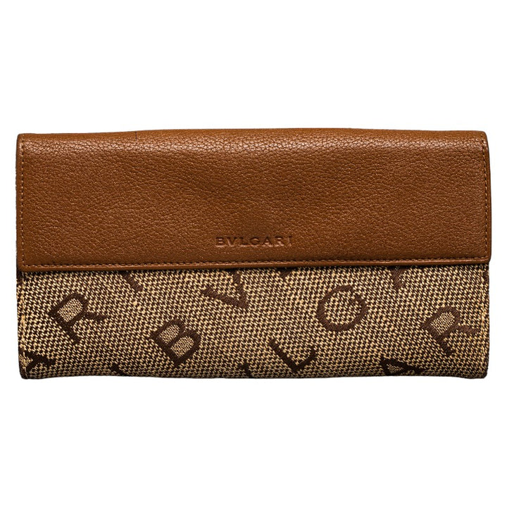 Bvlgari Canvas Leather Logo Mania Long Wallet Beige in Very Good Condition