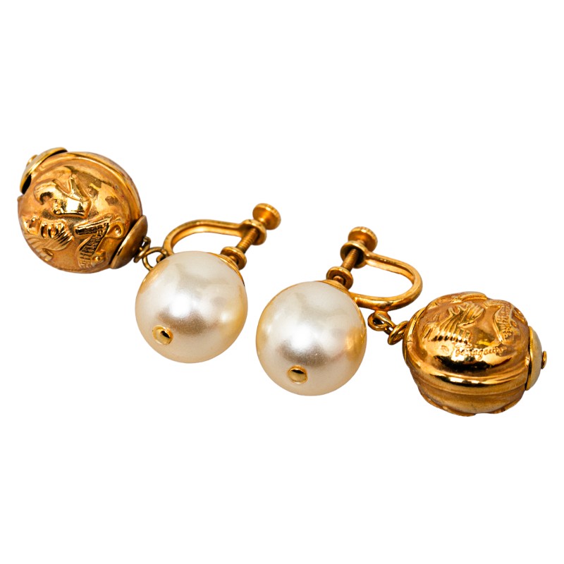 Salvatore Ferragamo Gold Plated Pearl Earrings in Great Condition