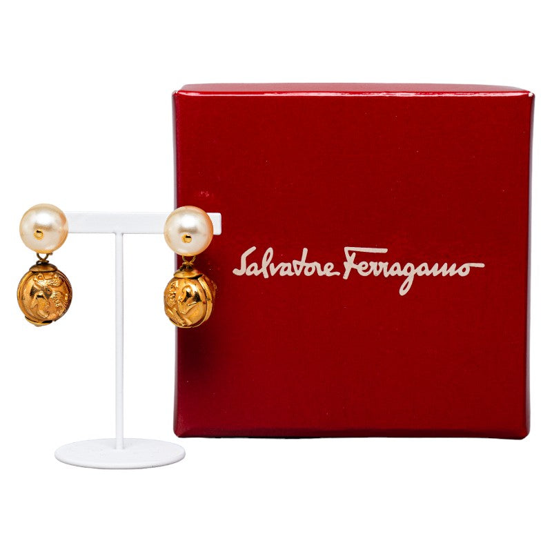 Salvatore Ferragamo Gold Plated Pearl Earrings in Great Condition