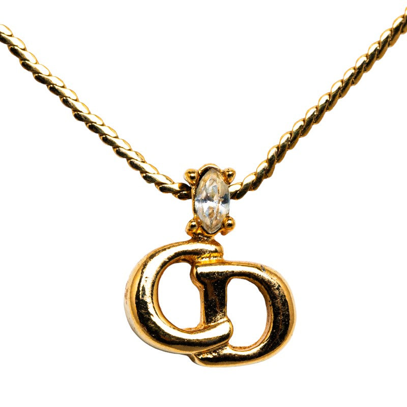 Dior CD Logo Chain Necklace Gold Plated Rhinestones