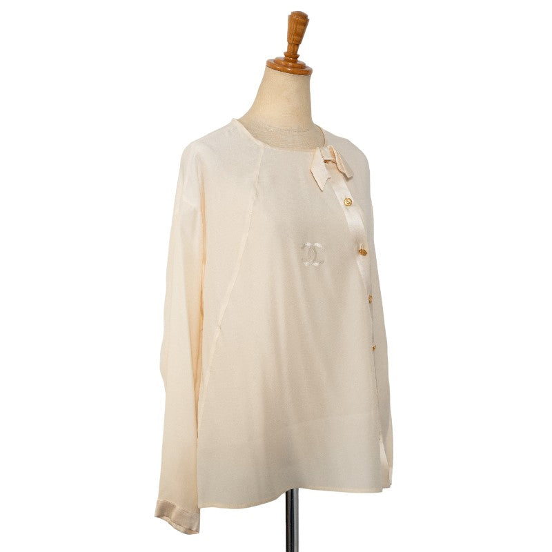 Chanel Silk Long Sleeve Shirt with Ribbon Embroidery and Coco Mark Buttons in Very Good Condition