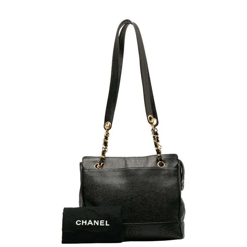 Chanel Vintage Triple Coco Mark Chain Tote Bag Black Caviar Skin in Very Good Condition