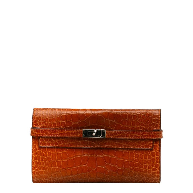 Hermes Kelly Wallet Long Deployant Alligator Orange in Very Good Condition