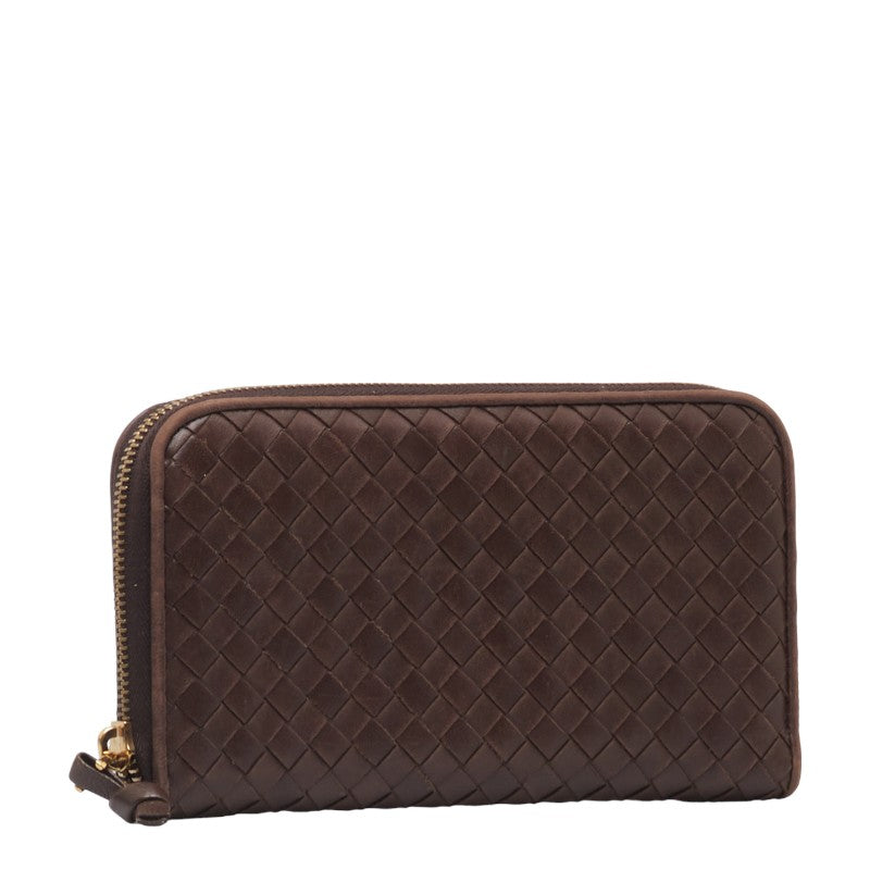 Bottega Veneta Intrecciato Leather Zip-Around Wallet Brown in Very Good Condition