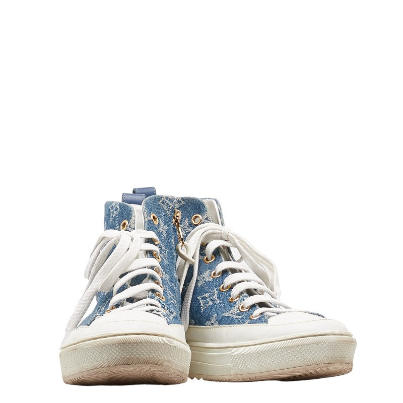 Louis Vuitton Monogram Denim Stellar Line High-Top Sneakers 37 1A4VT4 Blue White Leather in Very Good Condition