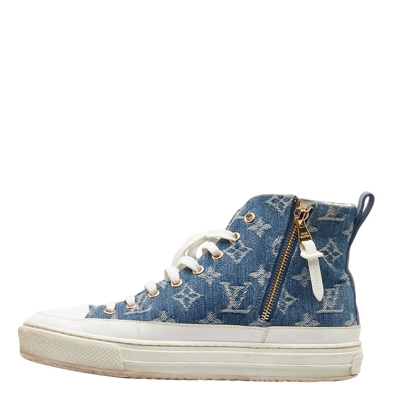 Louis Vuitton Monogram Denim Stellar Line High-Top Sneakers 37 1A4VT4 Blue White Leather in Very Good Condition