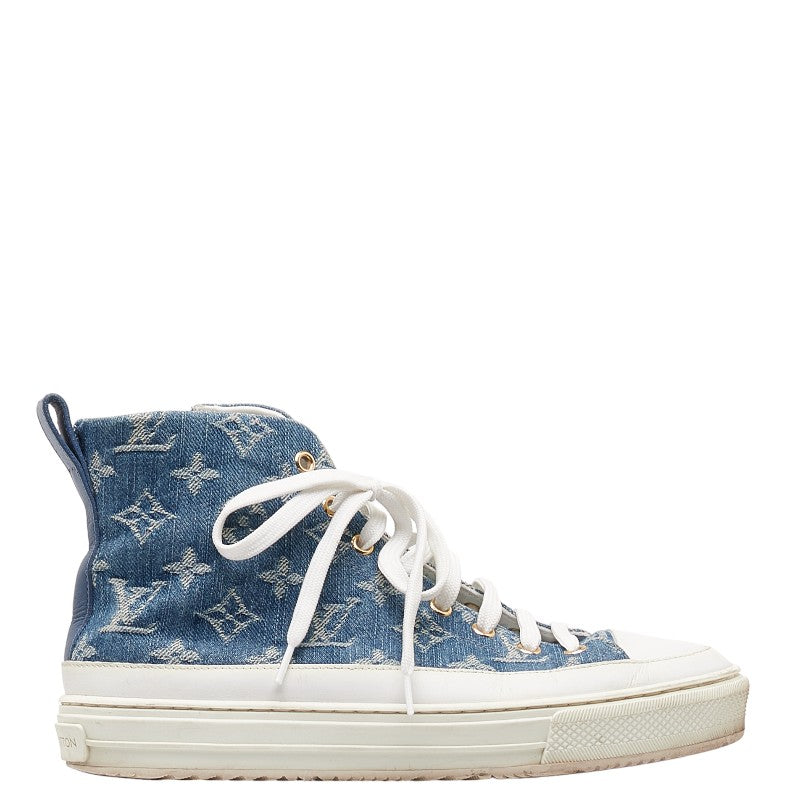 Louis Vuitton Monogram Denim Stellar Line High-Top Sneakers 37 1A4VT4 Blue White Leather in Very Good Condition