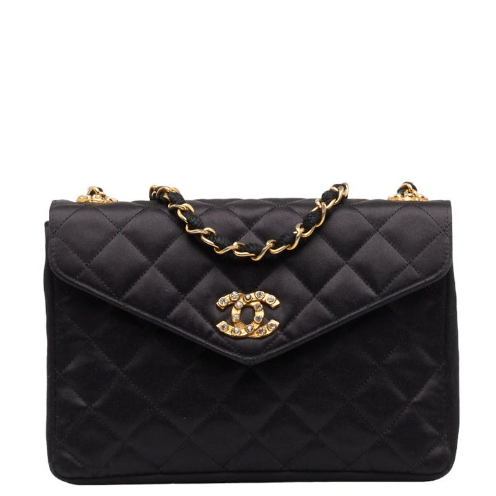 Chanel Satin Coco Mark Rhinestone Chain Shoulder Bag in Very Good Condition