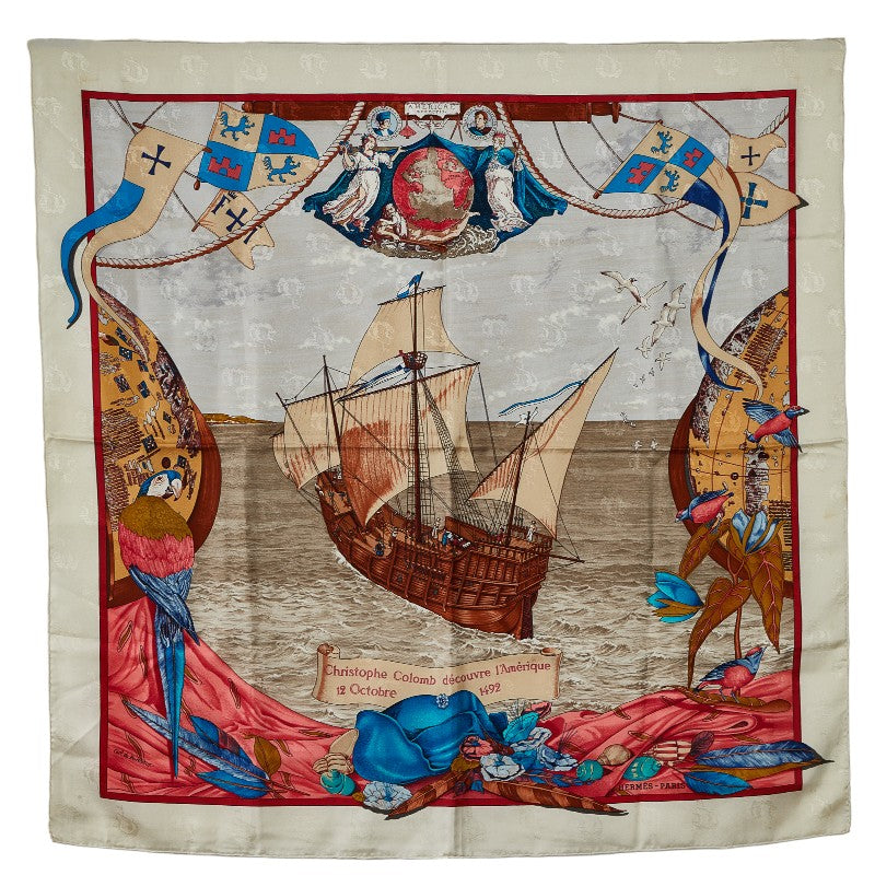 Hermes Silk 89 Carre 90 Christophe Colomb Discover 1 America 12 October 1492 Scarf in Very Good Condition